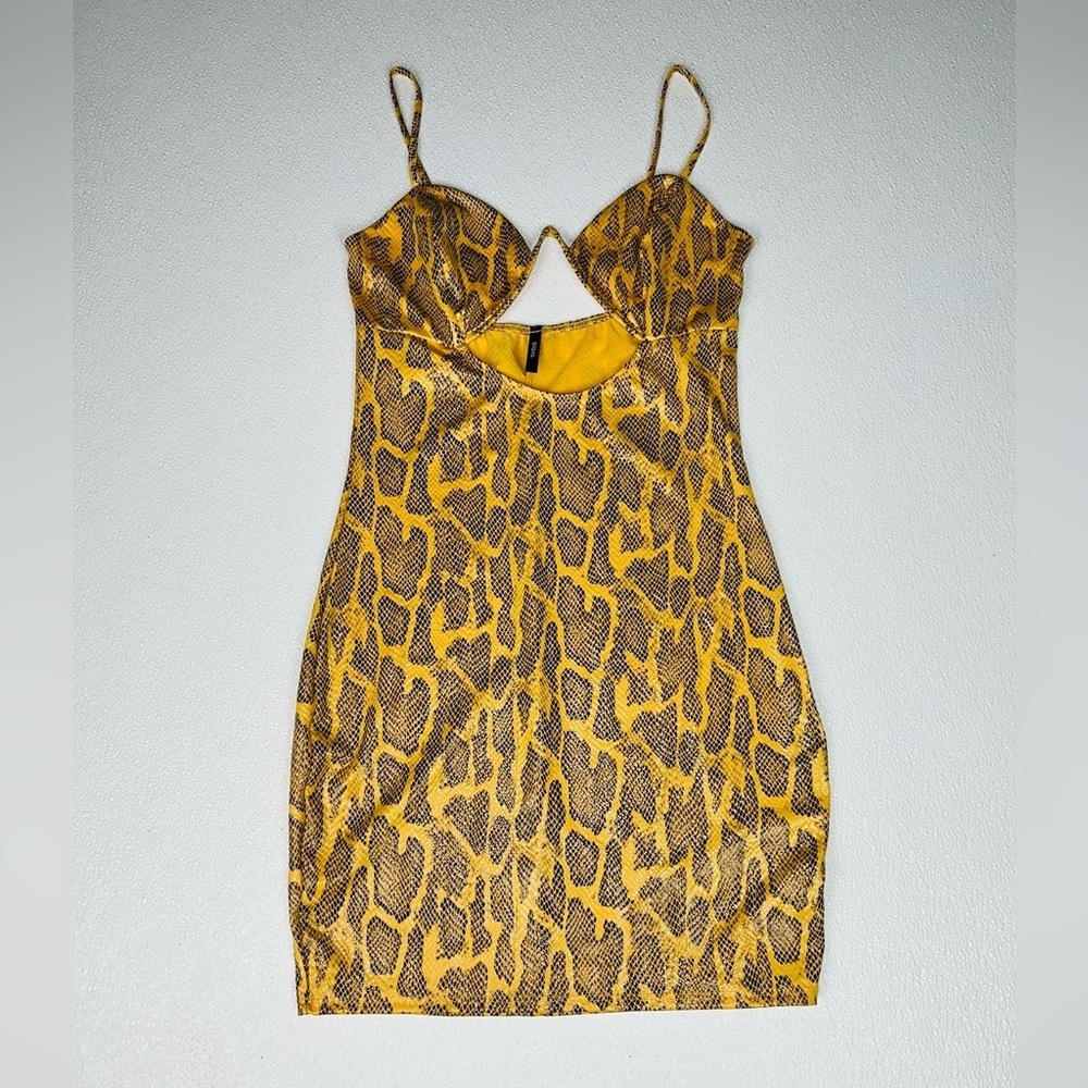 Yellow & Black Glossy Snake Print Cut-Out Mini Dress Size M New - Picture 5 of 9
